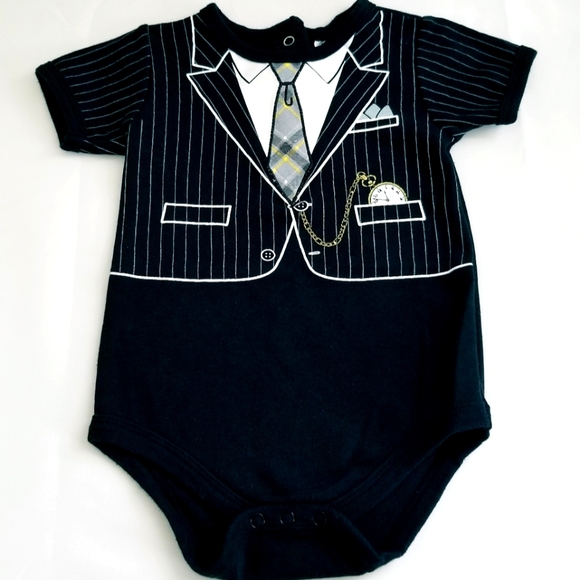 3/$25 Baby Essentials Boy's Suit/Neck Tie Print Onesie Bodysuit Size 9 Months - Picture 2 of 9